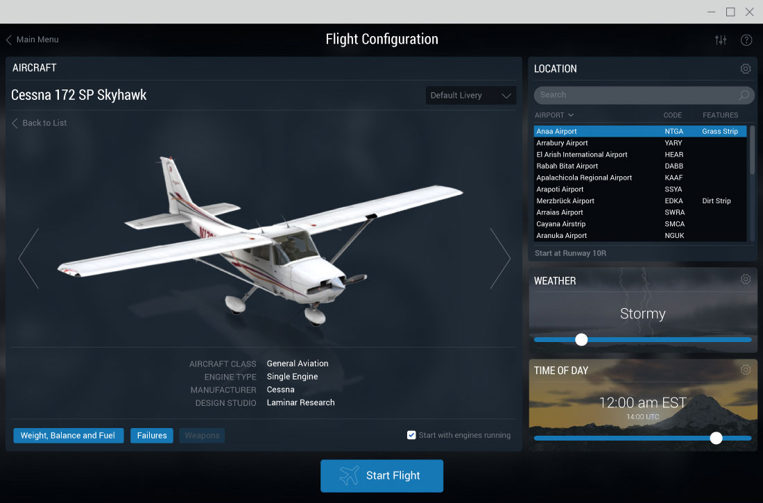 x-plane flight configuration
